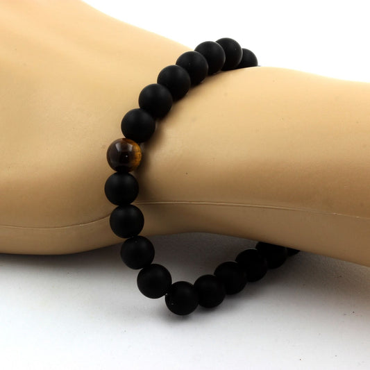 Onyx noir mat + Oeil de Tigre. Bracelet en Perles naturelles