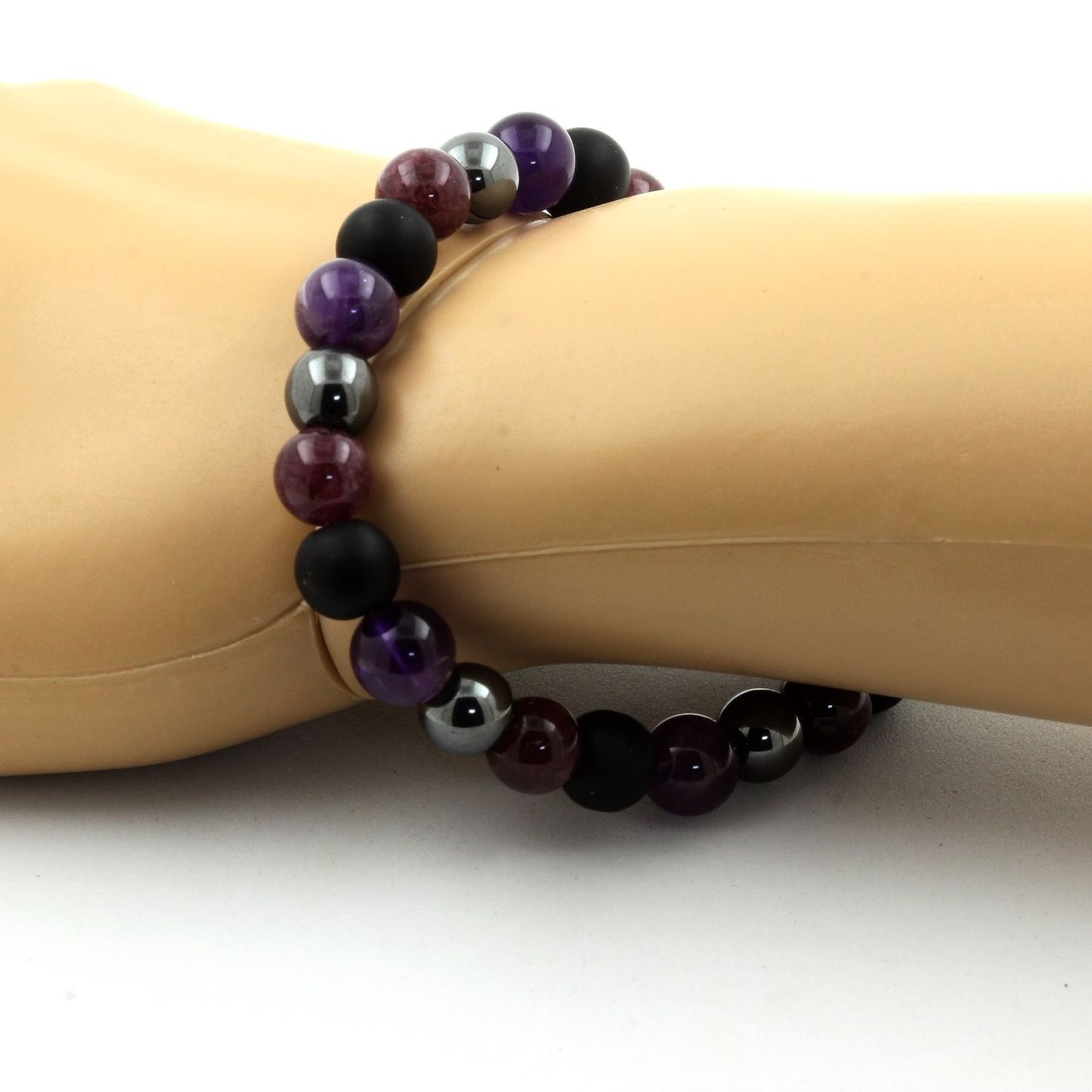 Améthyste + Hématite + Lépidolite + Onyx noir mat. Bracelet en Perles naturelles