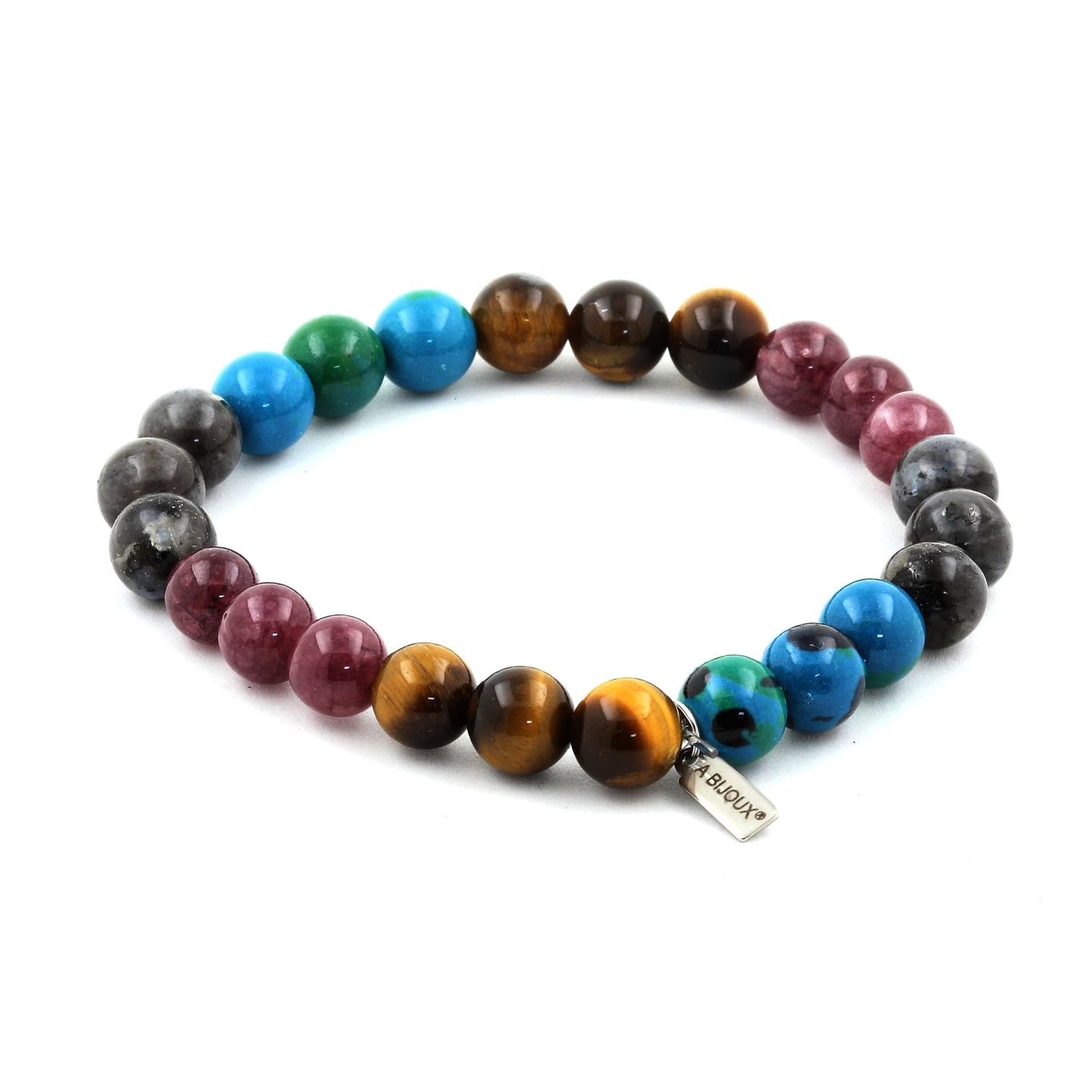 Oeil de Tigre + Labradorite + Lépidolite + Chrysocolle. Bracelet en Perles naturelles