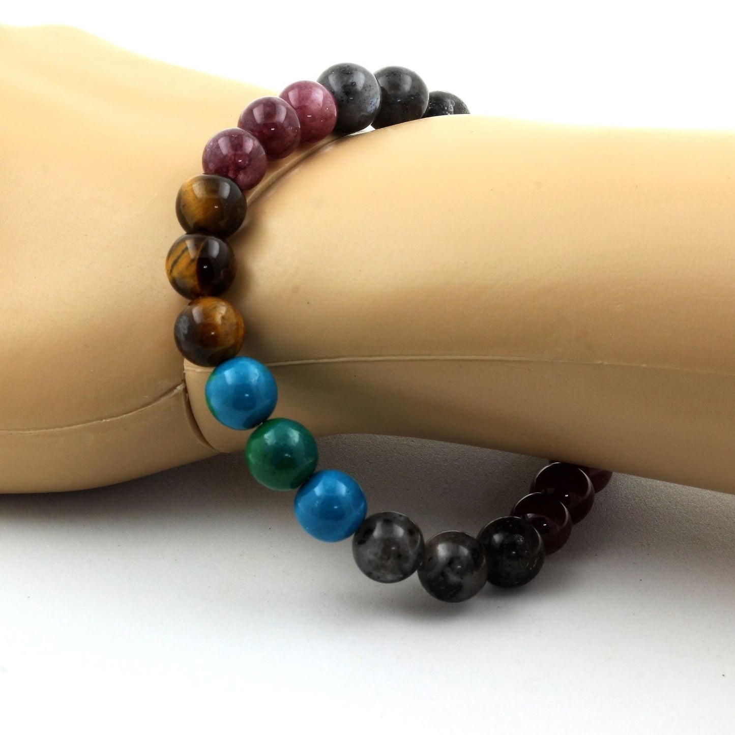 Oeil de Tigre + Labradorite + Lépidolite + Chrysocolle. Bracelet en Perles naturelles