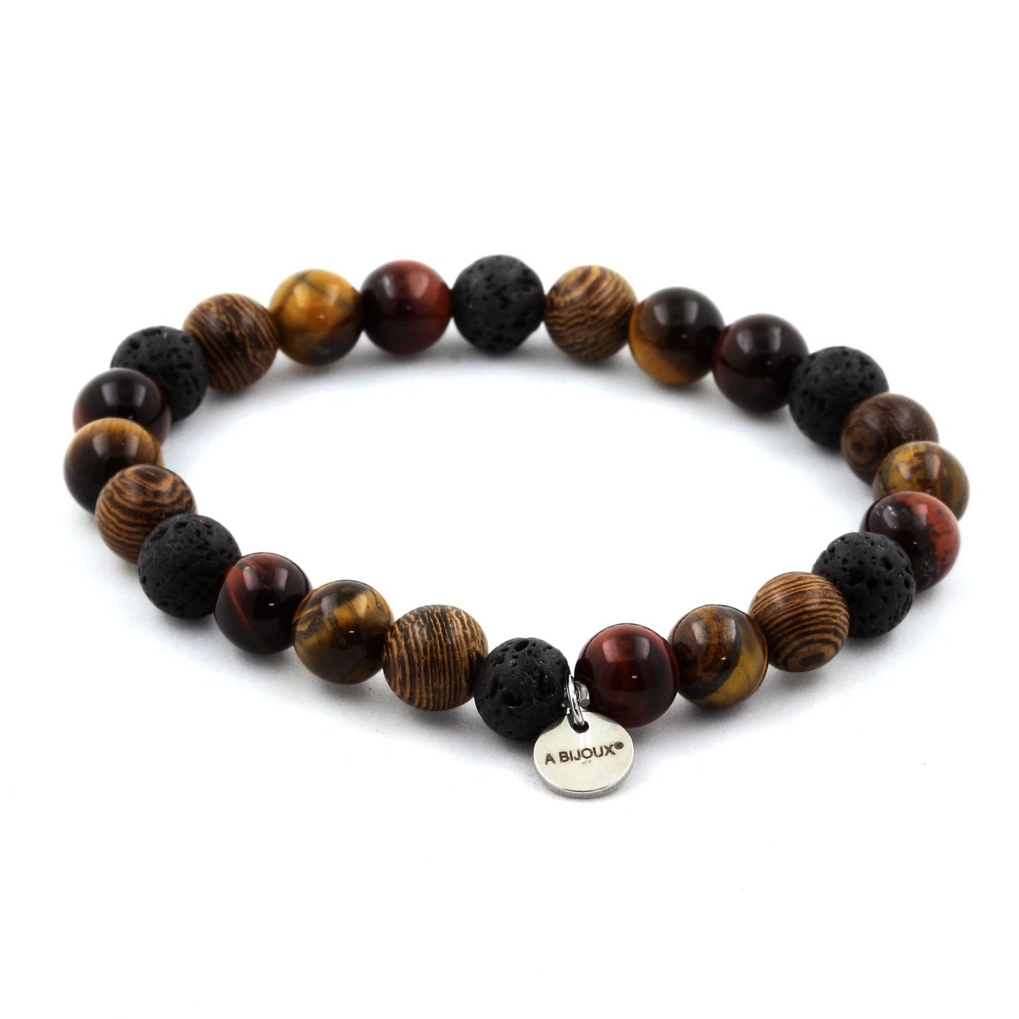 Oeil de Tigre + Lave + Oeil de Tigre rouge + bois. Bracelet en Perles naturelles