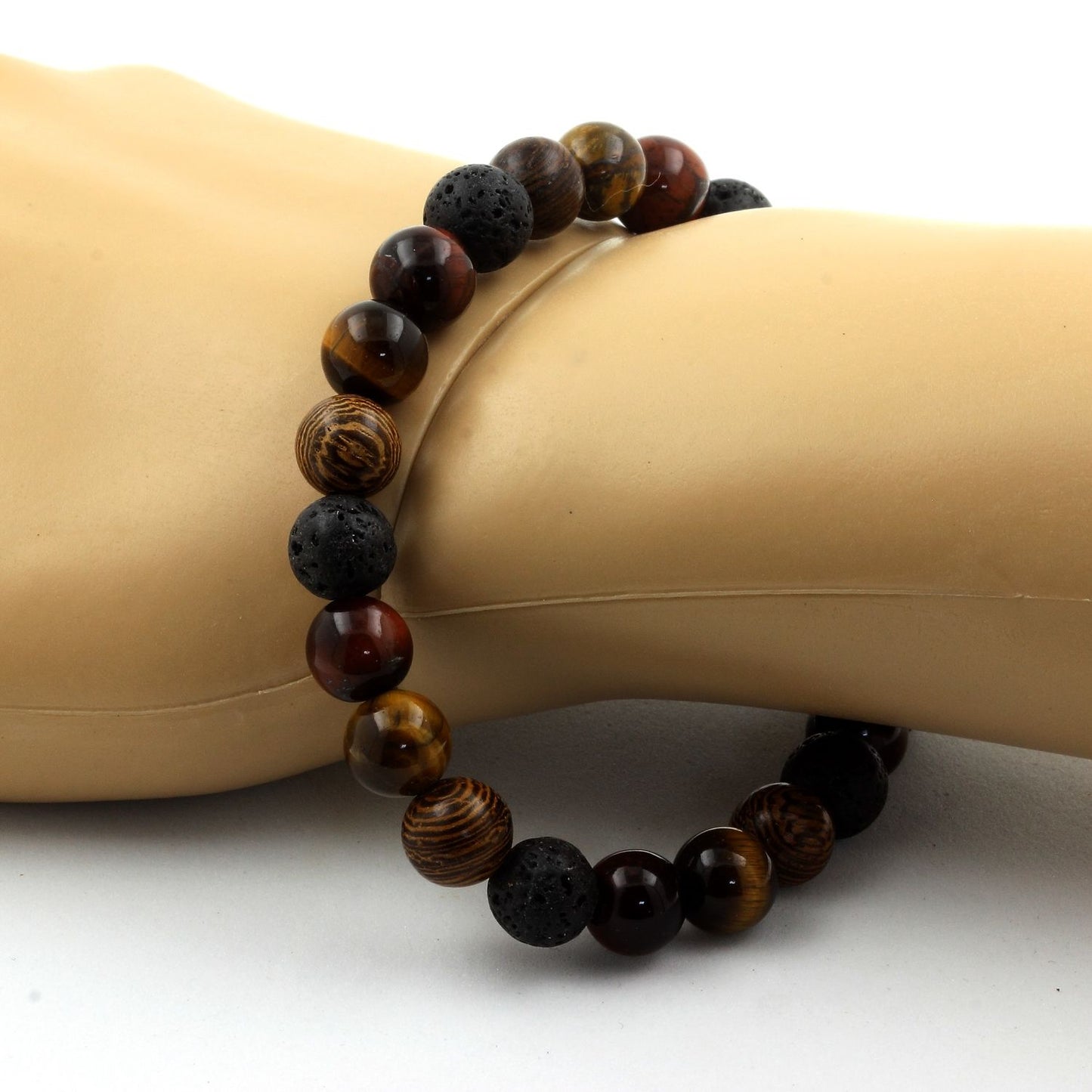 Oeil de Tigre + Lave + Oeil de Tigre rouge + bois. Bracelet en Perles naturelles