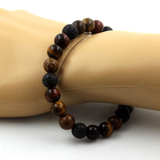 Oeil de Tigre + Lave + Oeil de Tigre rouge + bois. Bracelet en Perles naturelles