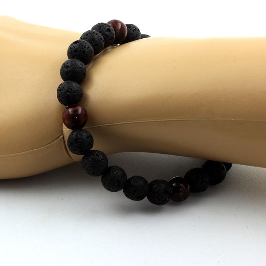 Oeil de Tigre rouge + Lave. Bracelet en Perles naturelles