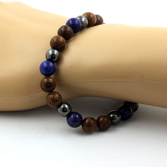 Lapis Lazuli + Hématite + bois. Bracelet en Perles naturelles