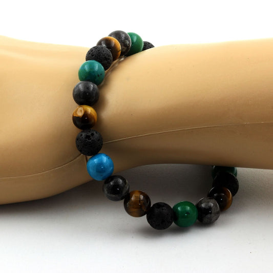 Labradorite + Oeil de Tigre + Chrysocolle + Lave. Bracelet en Perles naturelles