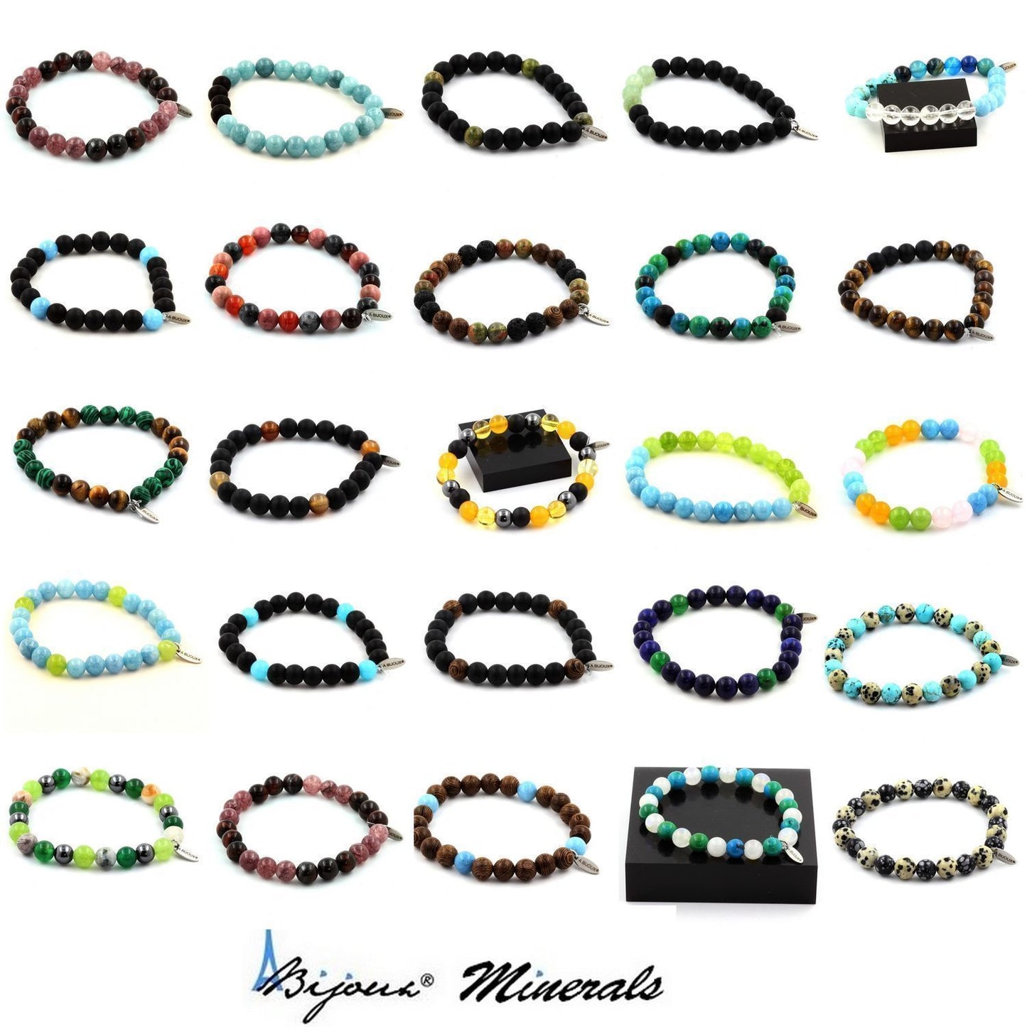 Labradorite + Oeil de Tigre + Chrysocolle + Lave. Bracelet en Perles naturelles