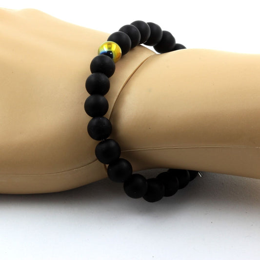 Onyx noir mat + Hématite multicolore. Bracelet en Perles naturelles