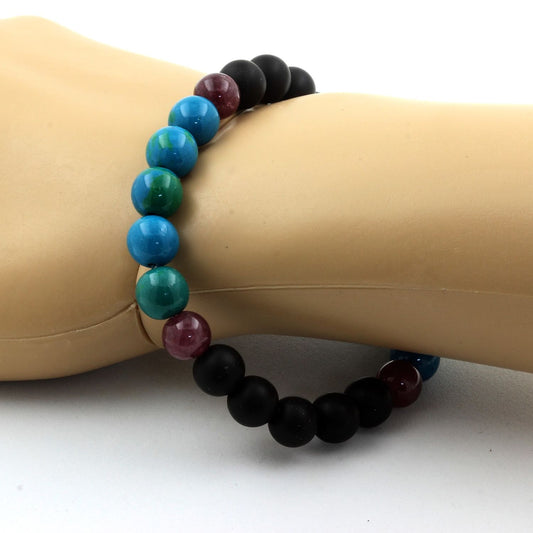 Lépidolite + Onyx noir mat + Chrysocolle. Bracelet en Perles naturelles