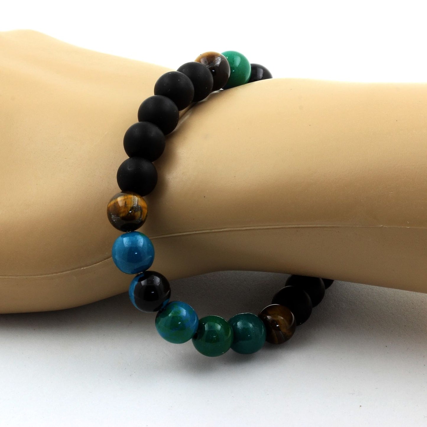 Chrysocolle + Oeil de Tigre + Onyx noir mat. Bracelet en Perles naturelles