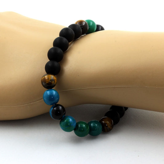 Chrysocolle + Oeil de Tigre + Onyx noir mat. Bracelet en Perles naturelles