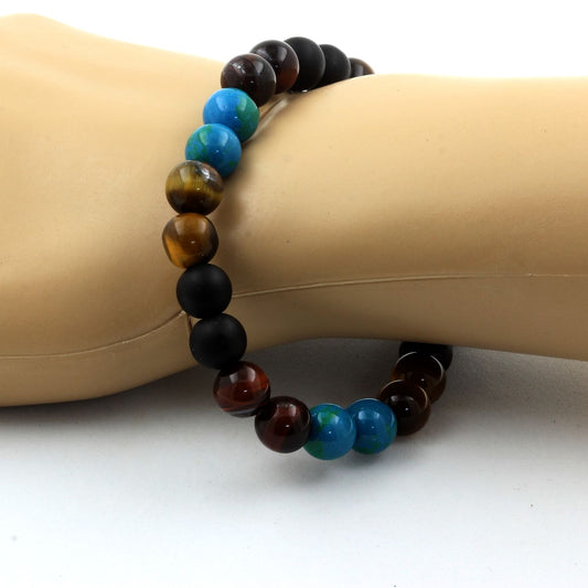 Oeil de Tigre rouge + Chrysocolle + Onyx noir mat + Oeil de Tigre. Bracelet en Perles naturelles