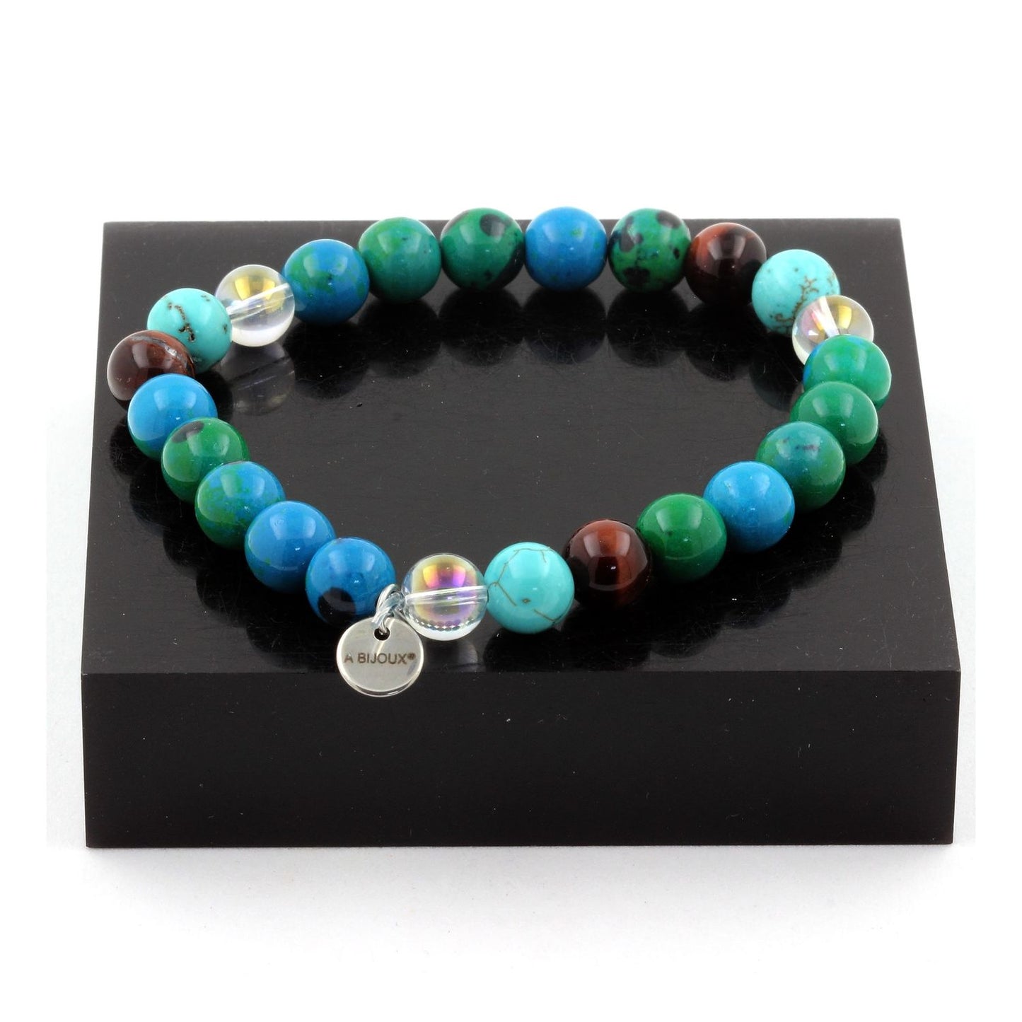 Oeil de Tigre rouge + Chrysocolle + Turquoise + Quartz Titane. Bracelet en Perles naturelles