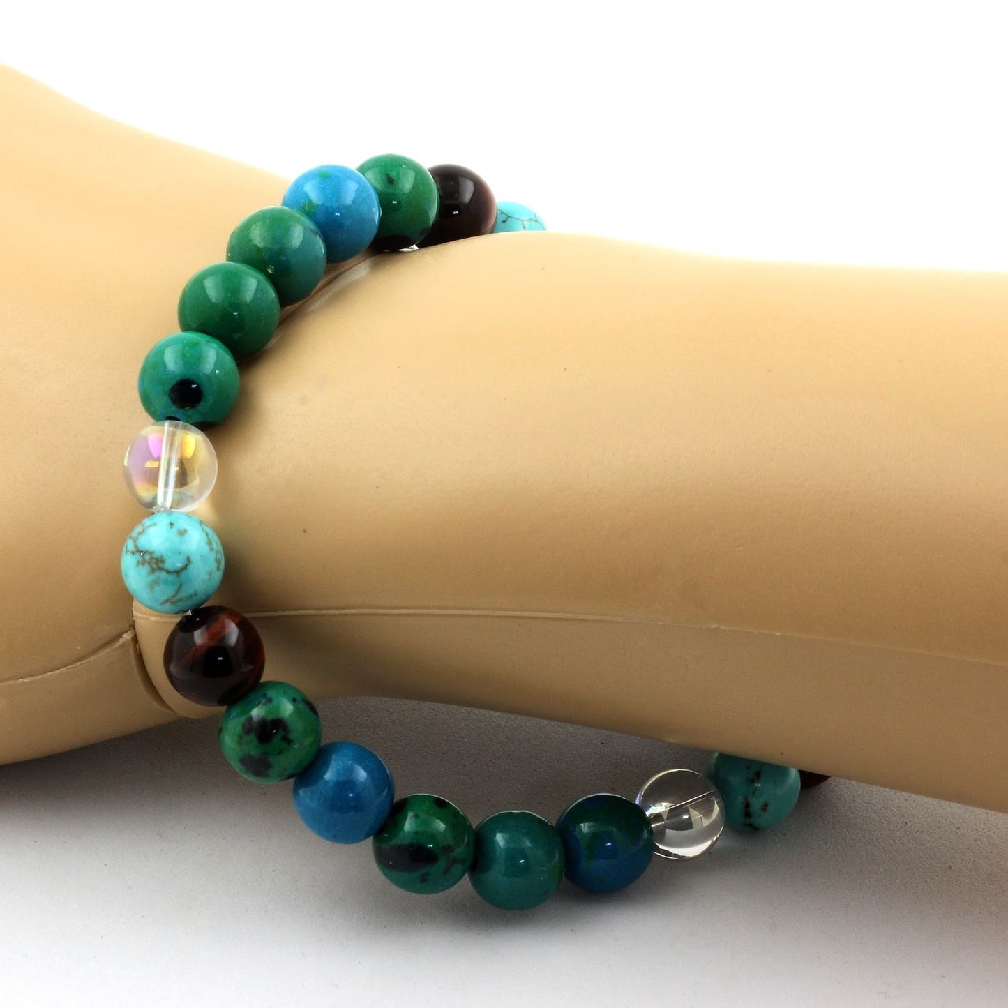 Oeil de Tigre rouge + Chrysocolle + Turquoise + Quartz Titane. Bracelet en Perles naturelles