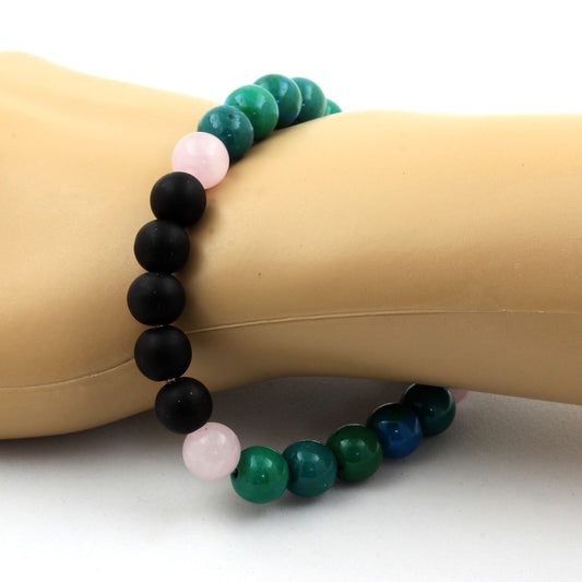 Quartz rose + Chrysocolle + Onyx noir mat. Bracelet en Perles naturelles