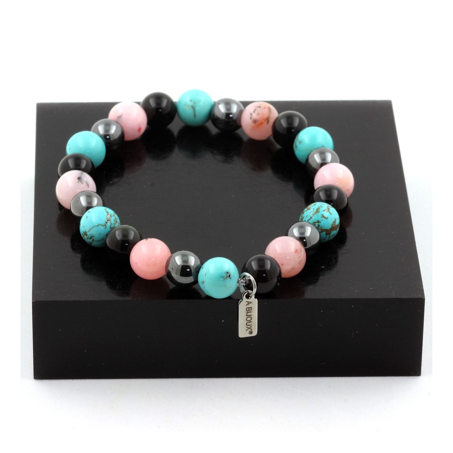 Obsidienne noire + Hématite + Opale Rose + Turquoise. Bracelet en Perles naturelles