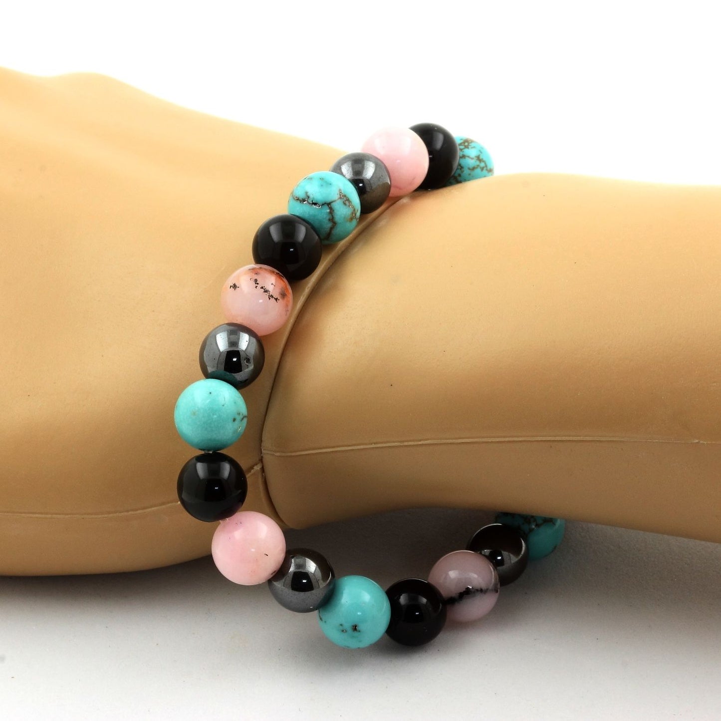 Obsidienne noire + Hématite + Opale Rose + Turquoise. Bracelet en Perles naturelles