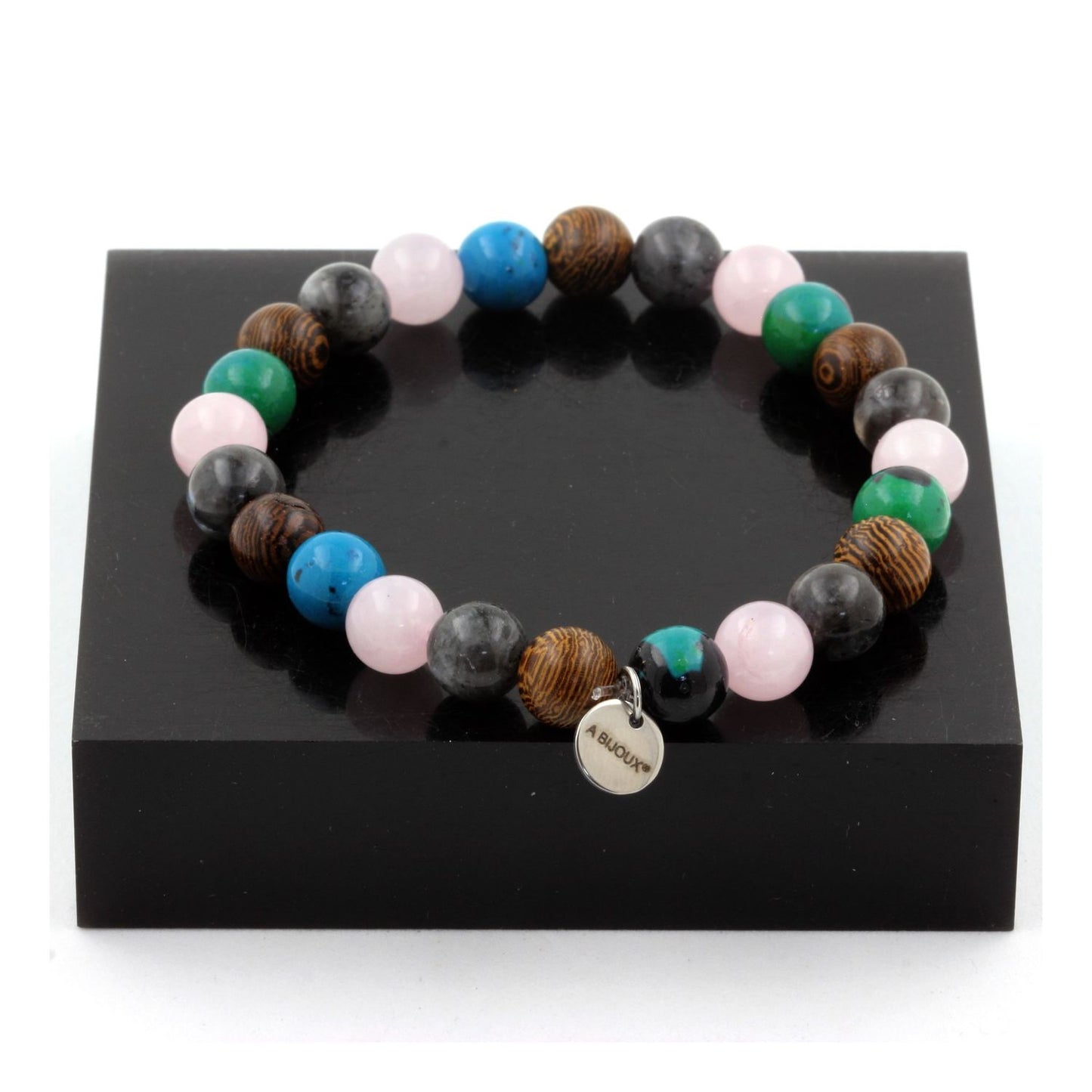 Quartz rose + Labradorite + Chrysocolle + bois. Bracelet en Perles naturelles