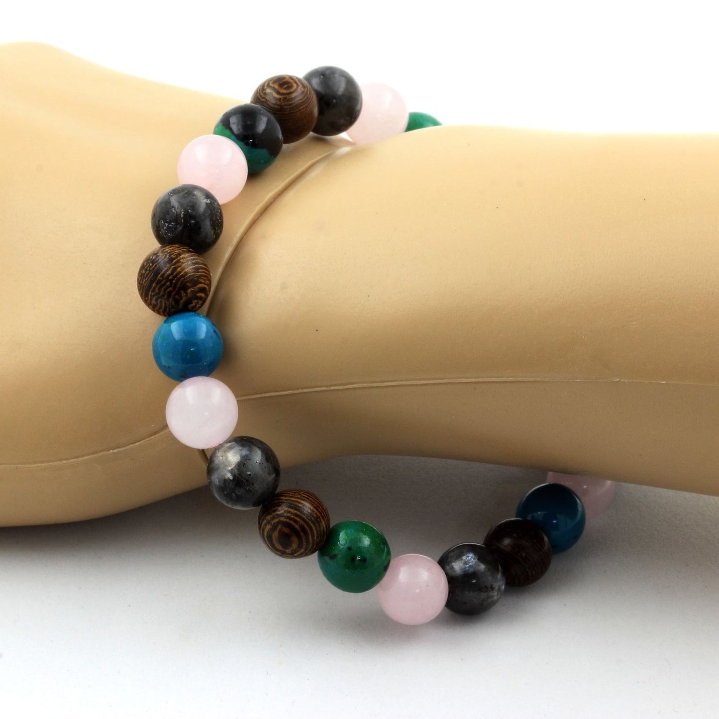 Quartz rose + Labradorite + Chrysocolle + bois. Bracelet en Perles naturelles