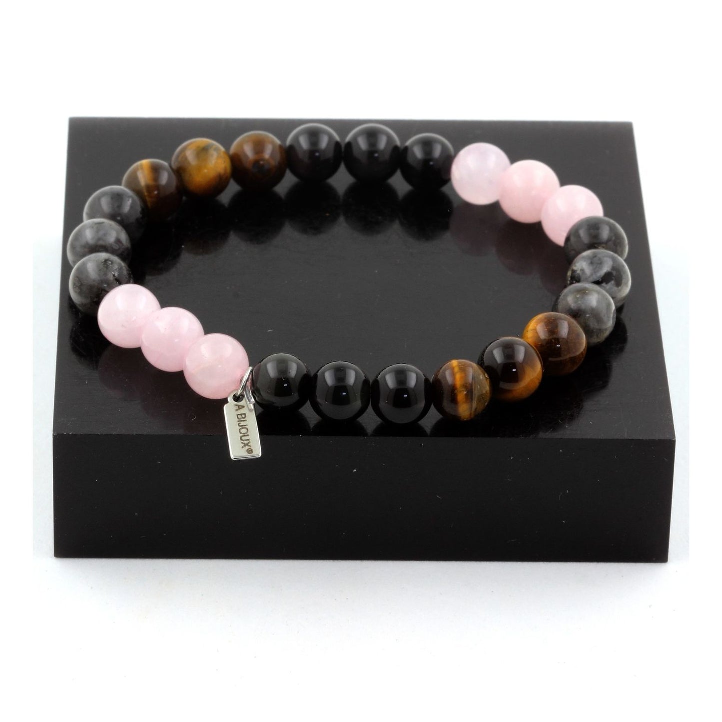 Quartz rose + Labradorite + Obsidienne noire + Oeil de Tigre. Bracelet en Perles naturelles