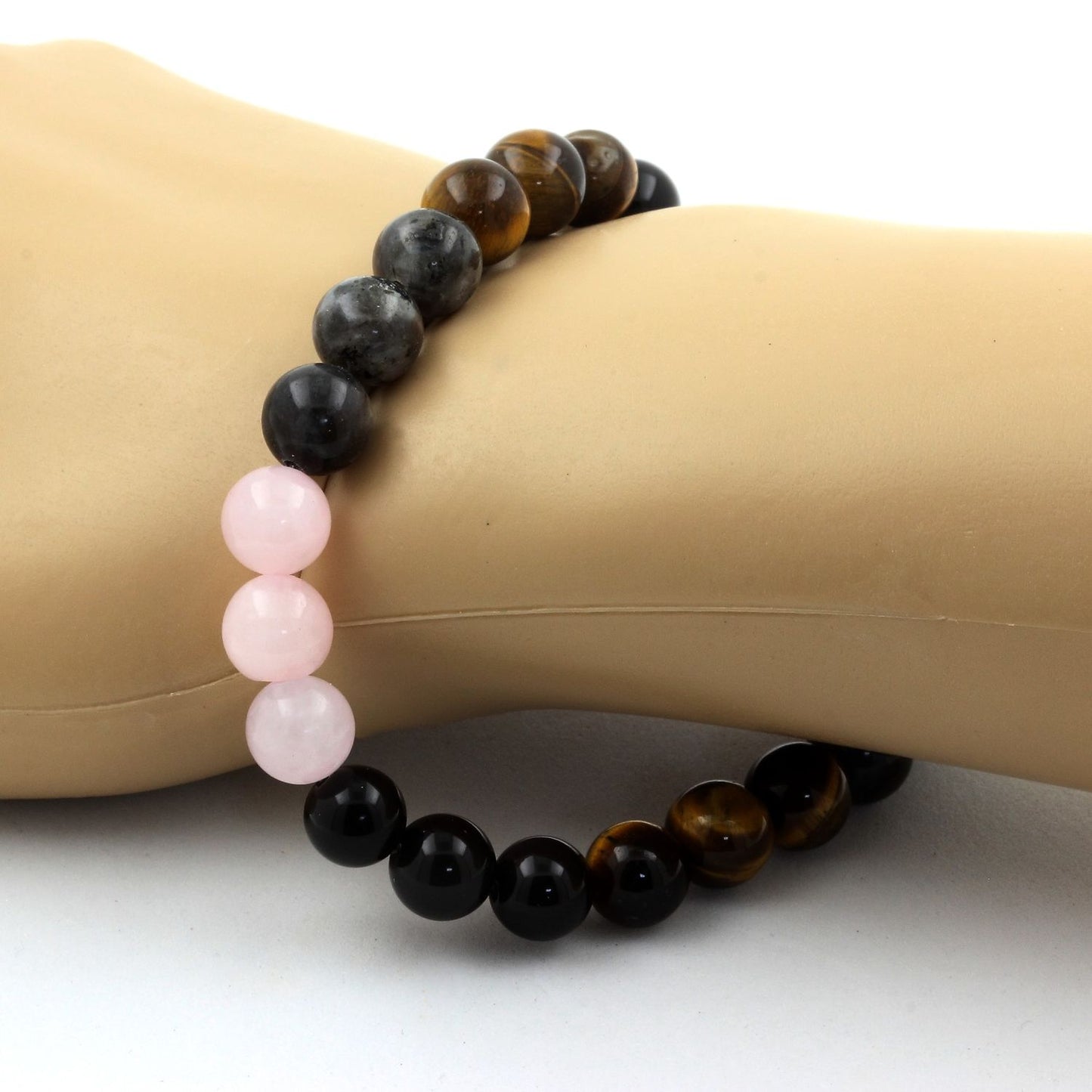 Quartz rose + Labradorite + Obsidienne noire + Oeil de Tigre. Bracelet en Perles naturelles