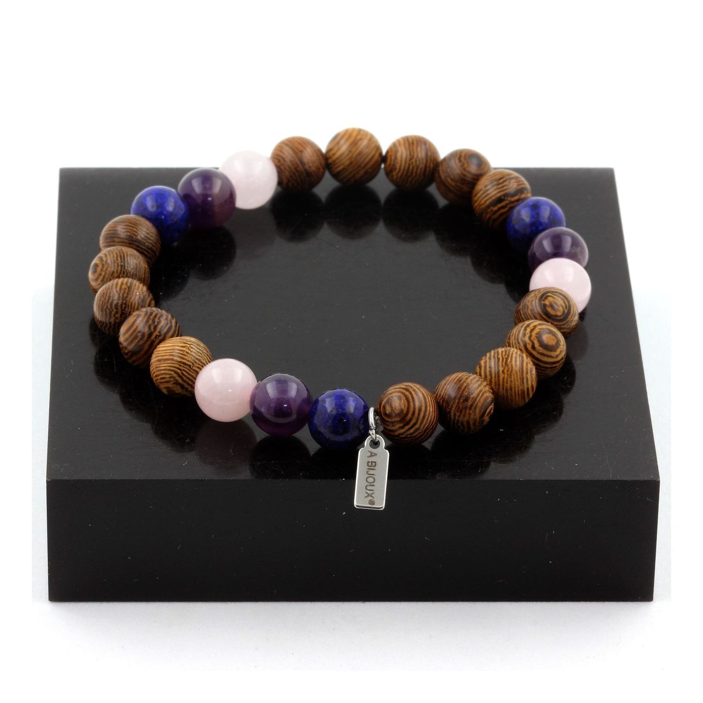 Quartz rose + Lapis Lazuli + Améthyste + bois. Bracelet en Perles naturelles