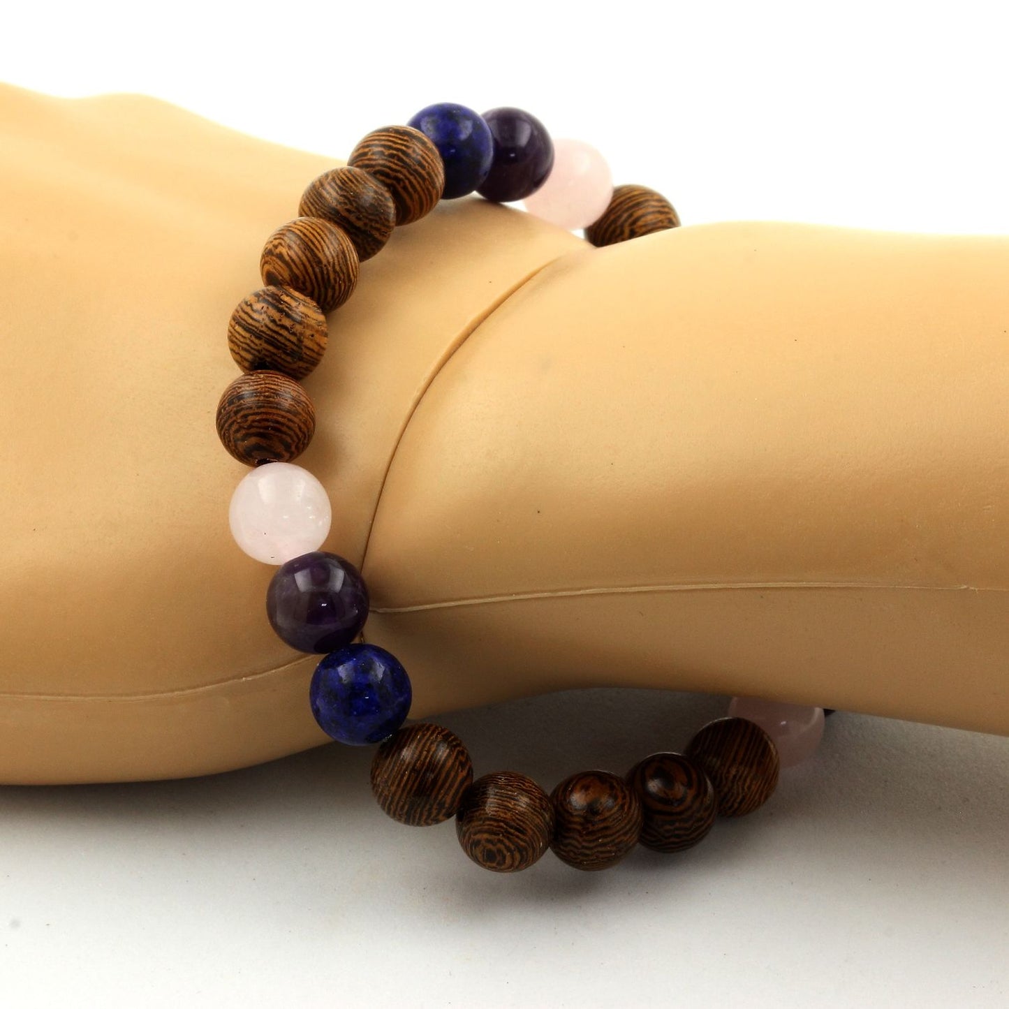 Quartz rose + Lapis Lazuli + Améthyste + bois. Bracelet en Perles naturelles