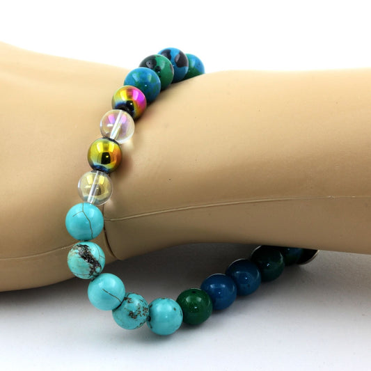Chrysocolle + Turquoise + Quartz Titane + Hématite multicolore. Bracelet en Perles naturelles