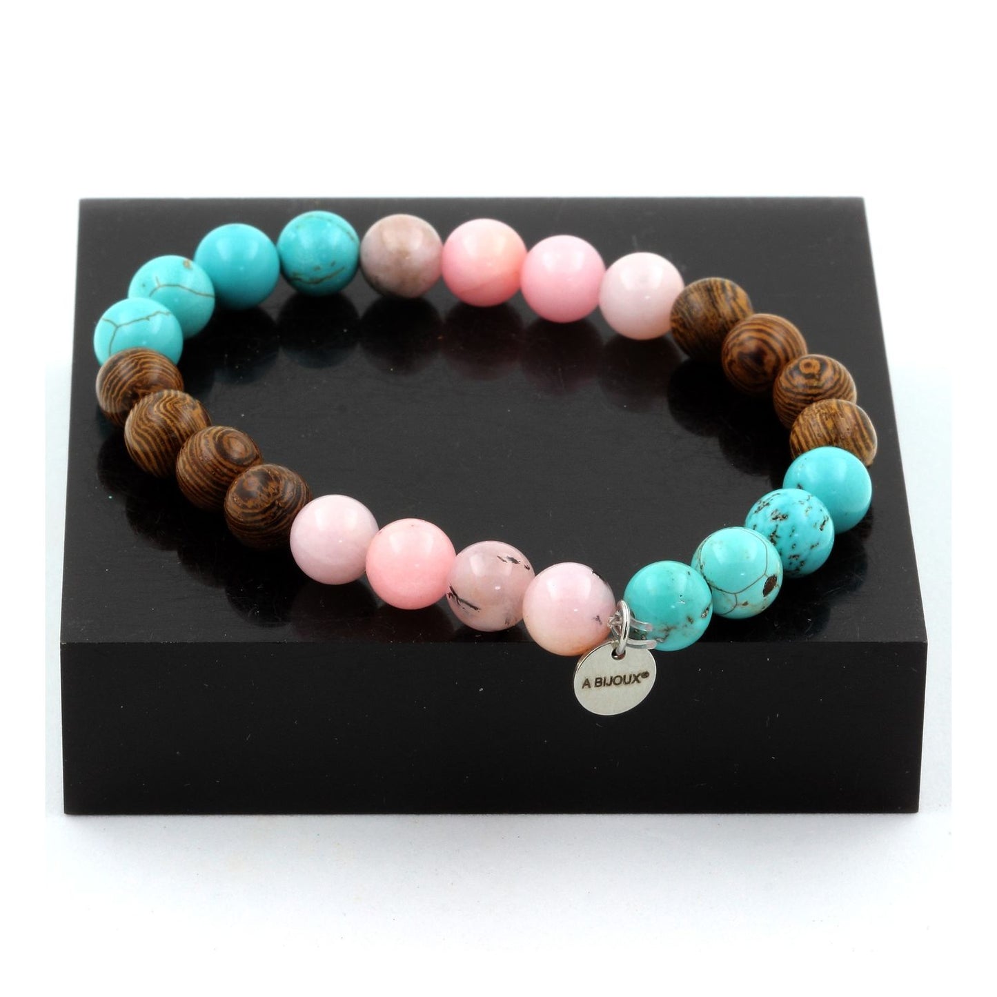 Opale Rose + Turquoise + bois. Bracelet en Perles naturelles