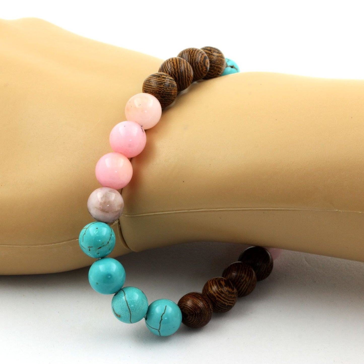 Opale Rose + Turquoise + bois. Bracelet en Perles naturelles