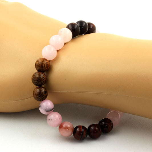 Opale Rose + Oeil de Tigre rouge + Quartz rose + bois. Bracelet en Perles naturelles