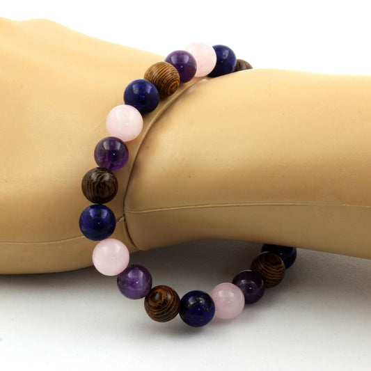 Quartz Rose + Améthyste + Lapis Lazuli + bois. Bracelet en Perles naturelles