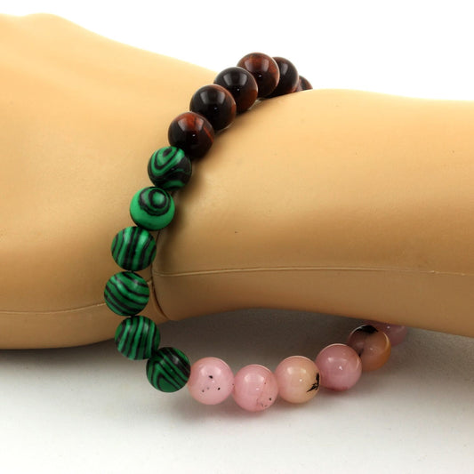 Opale Rose + Oeil de Tigre rouge + Malachite (avec résine) + bois. Bracelet en Perles naturelles