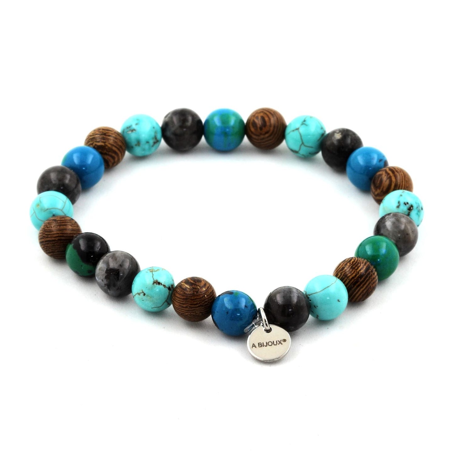 Turquoise + Chrysocolle + Labradorite + bois. Bracelet en Perles naturelles