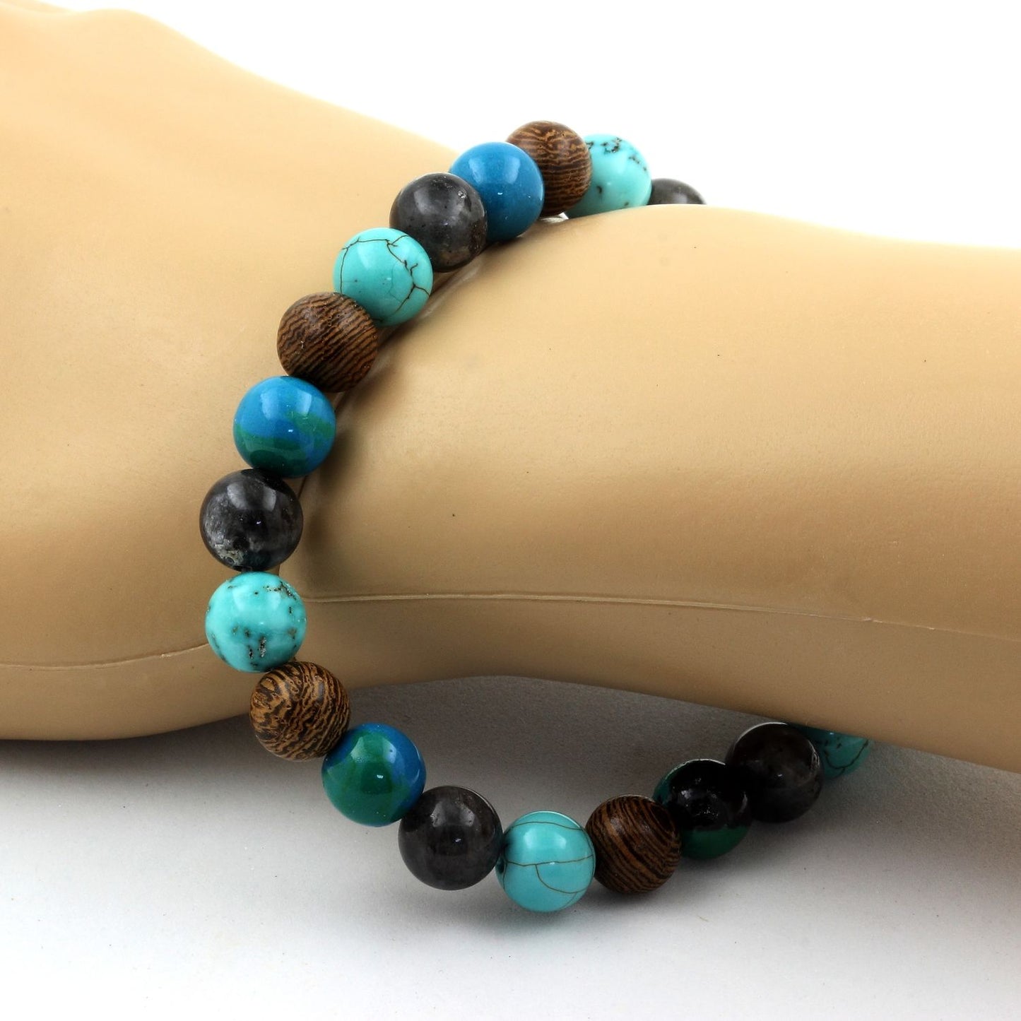 Turquoise + Chrysocolle + Labradorite + bois. Bracelet en Perles naturelles