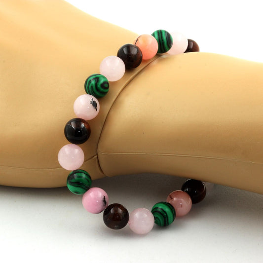 Opale Rose + Oeil de Tigre rouge + Quartz rose + Malachite (avec résine). Bracelet en Perles naturelles