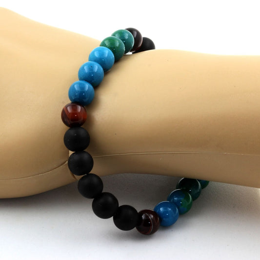 Oeil de Tigre rouge + Chrysocolle + Onyx noir mat. Bracelet en Perles naturelles