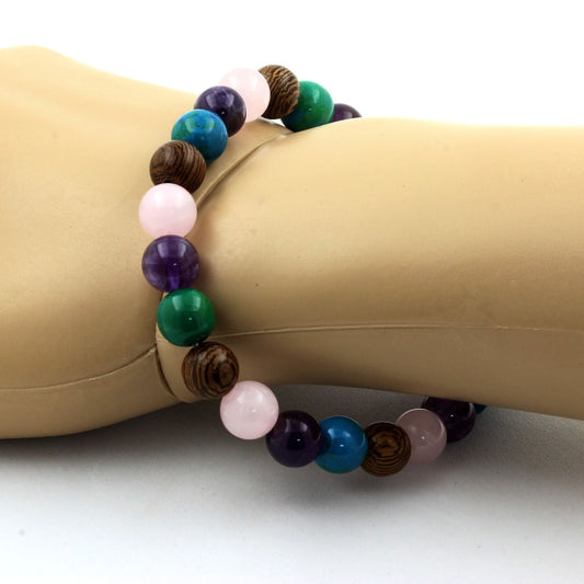 Quartz rose + Améthyste + Chrysocolle + bois. Bracelet en Perles naturelles