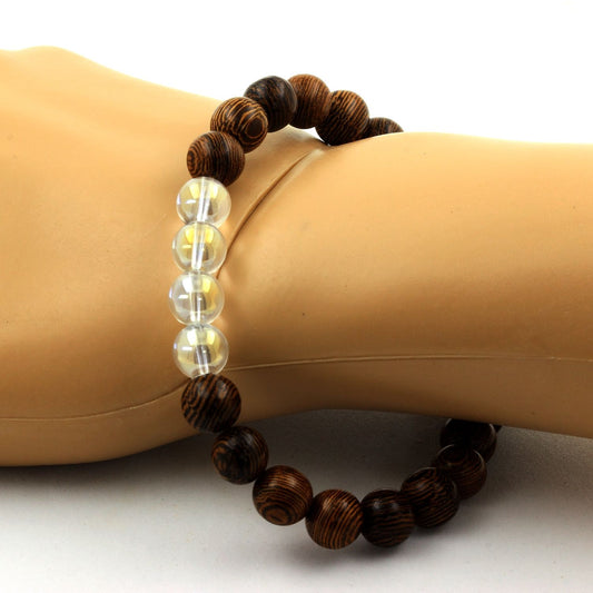Quartz Titane + bois. Bracelet en Perles naturelles