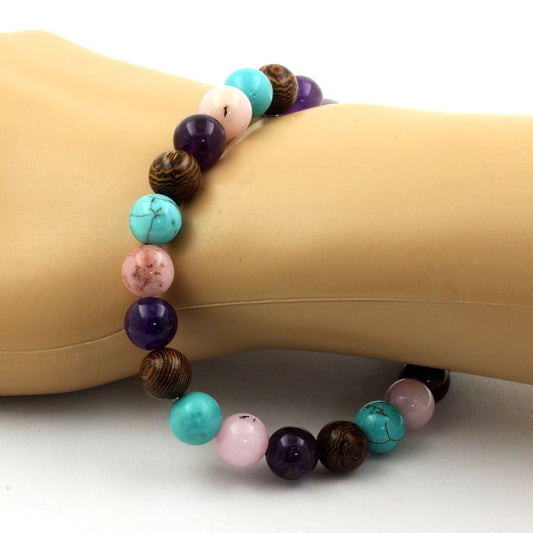 Opale Rose + Améthyste + Turquoise + bois. Bracelet en Perles naturelles