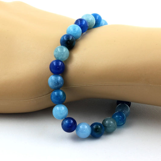 Calcédoine bleu + Aigue-Marine + Agate rubanée bleu + Apatite. Bracelet en Perles naturelles