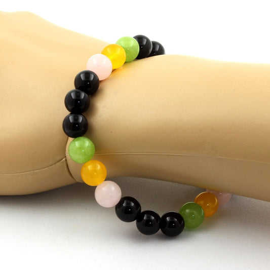 Agate jaune + Quartz rose + Péridot + Agate noire. Bracelet en Perles naturelles