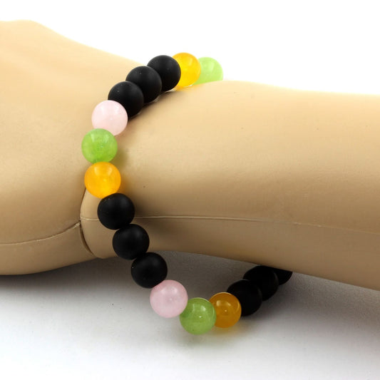 Quartz rose + Agate jaune + Péridot + Onyx noir mat. Bracelet en Perles naturelles