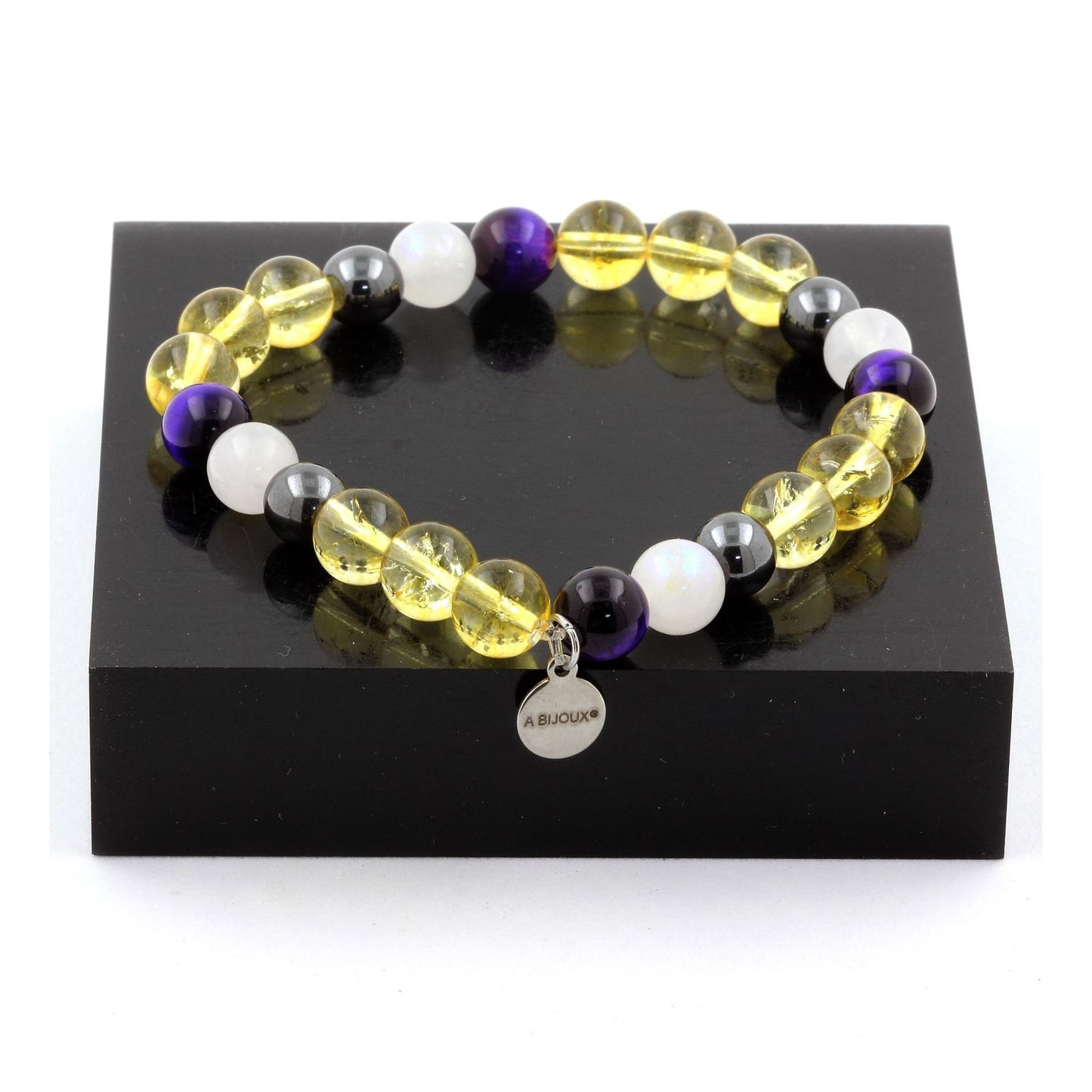 Oeil de Tigre violet + Citrine + Pierre de lune + Hématite. Bracelet en Perles naturelles