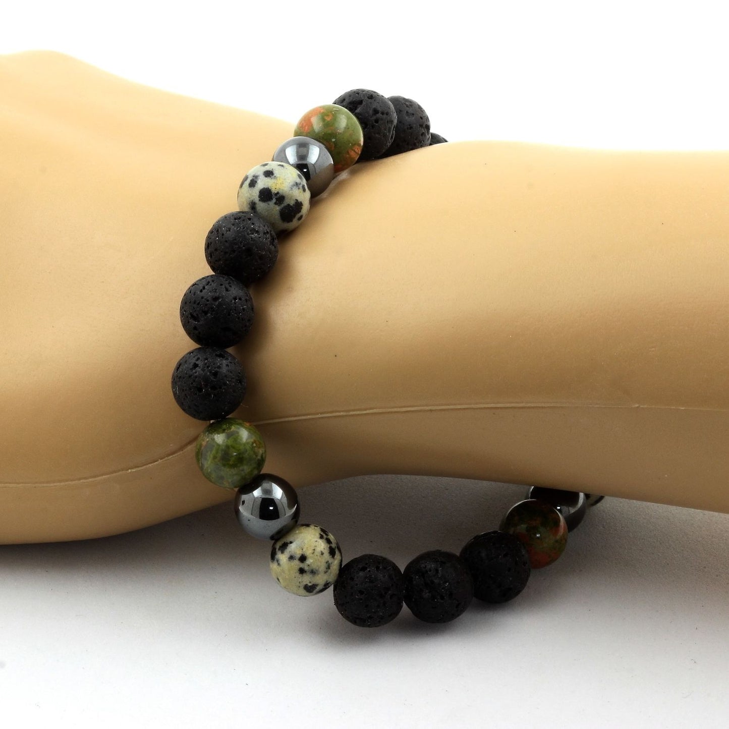 Jaspe Dalmatien + Unakite + Hématite + Lave. Bracelet en Perles naturelles