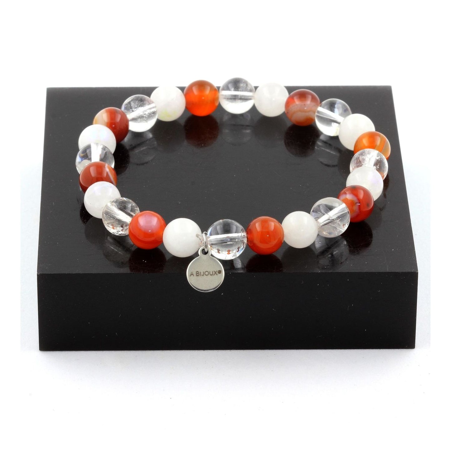 Quartz + Pierre de lune + Agate rubanée. Bracelet en Perles naturelles