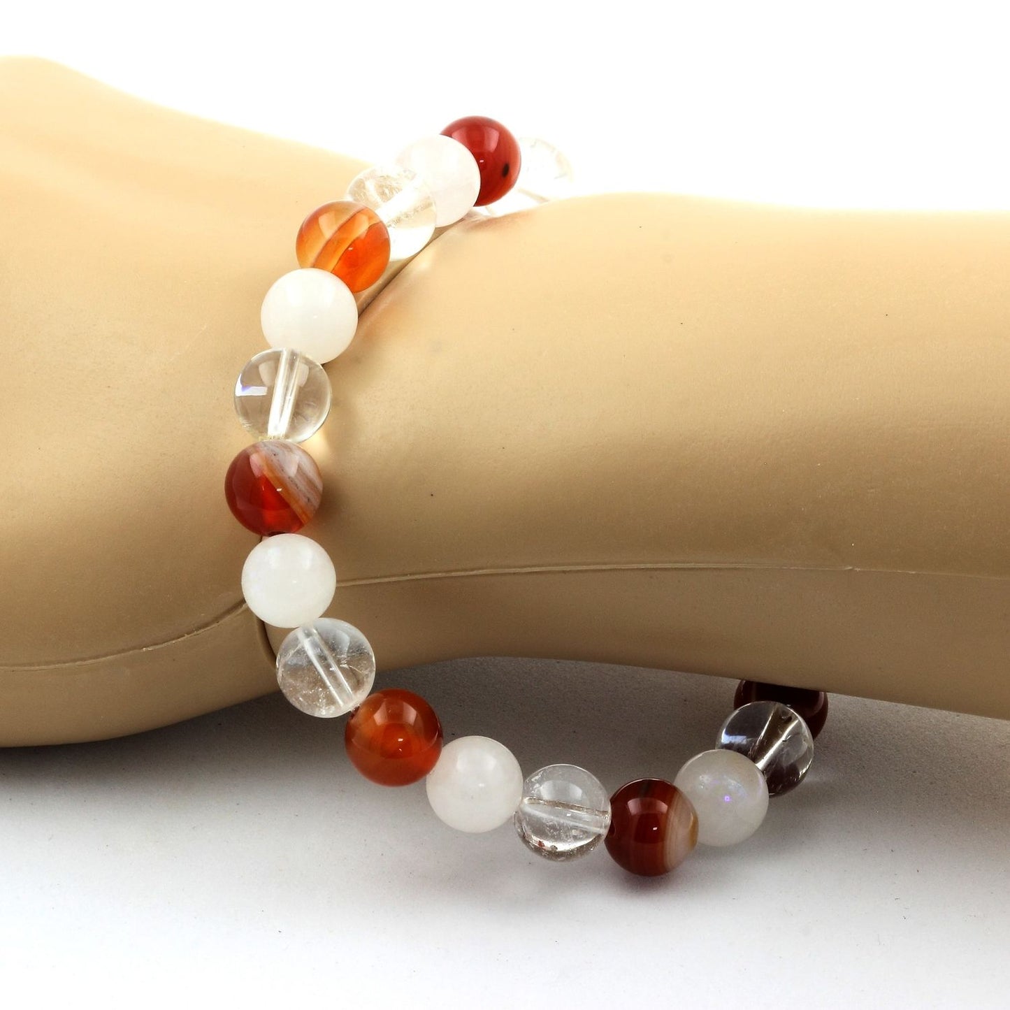 Quartz + Pierre de lune + Agate rubanée. Bracelet en Perles naturelles