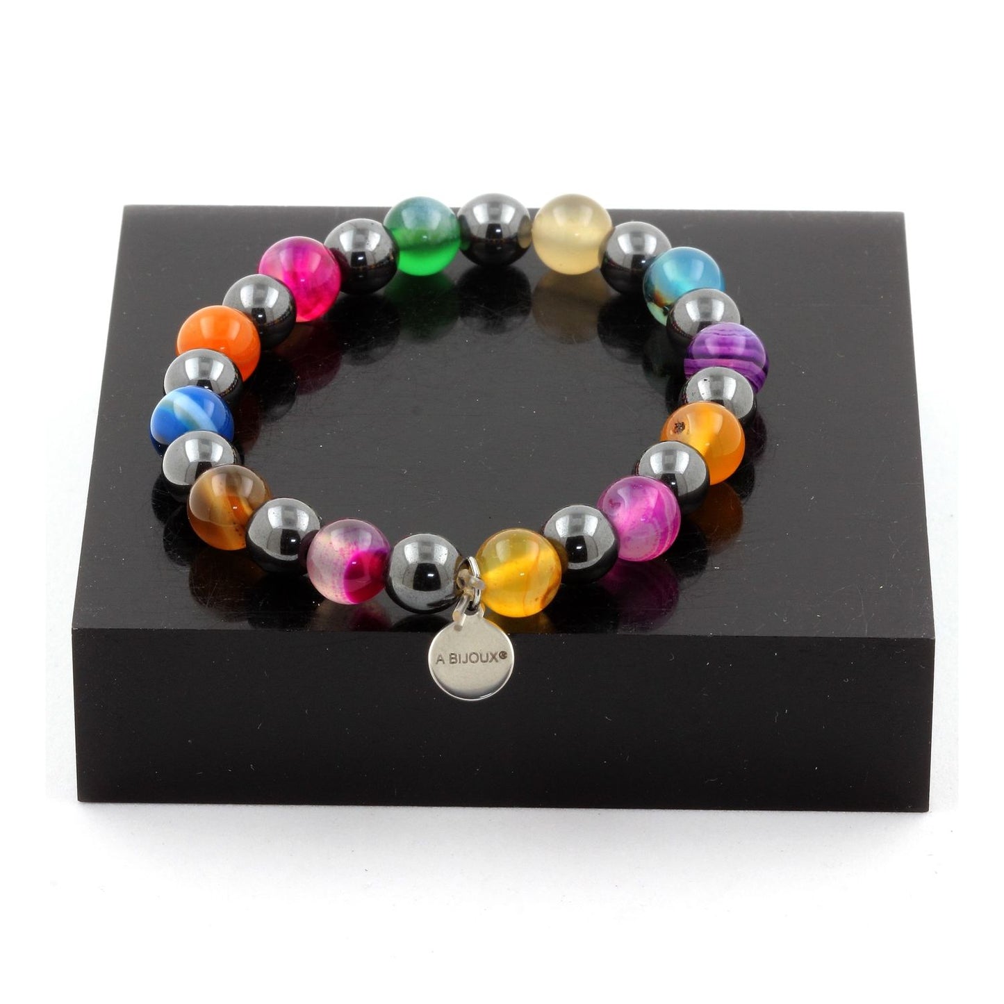 Agate rubanée multicolore + Hématite. Bracelet en Perles naturelles