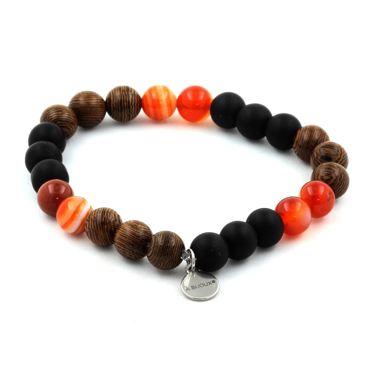 Agate rubanée + Onyx noir mat + bois. Bracelet en Perles naturelles