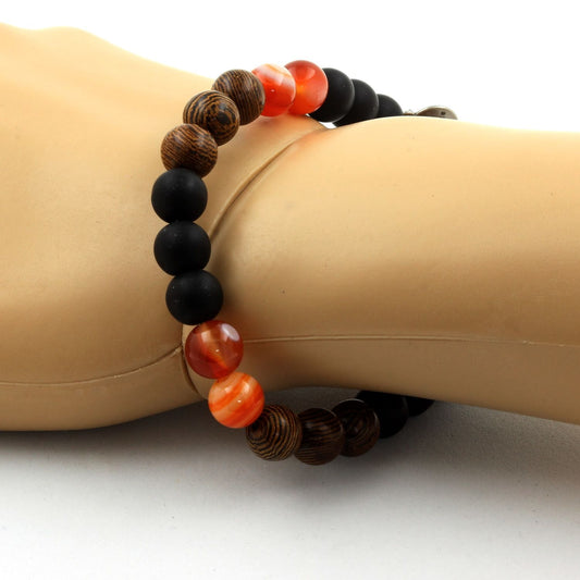 Agate rubanée + Onyx noir mat + bois. Bracelet en Perles naturelles